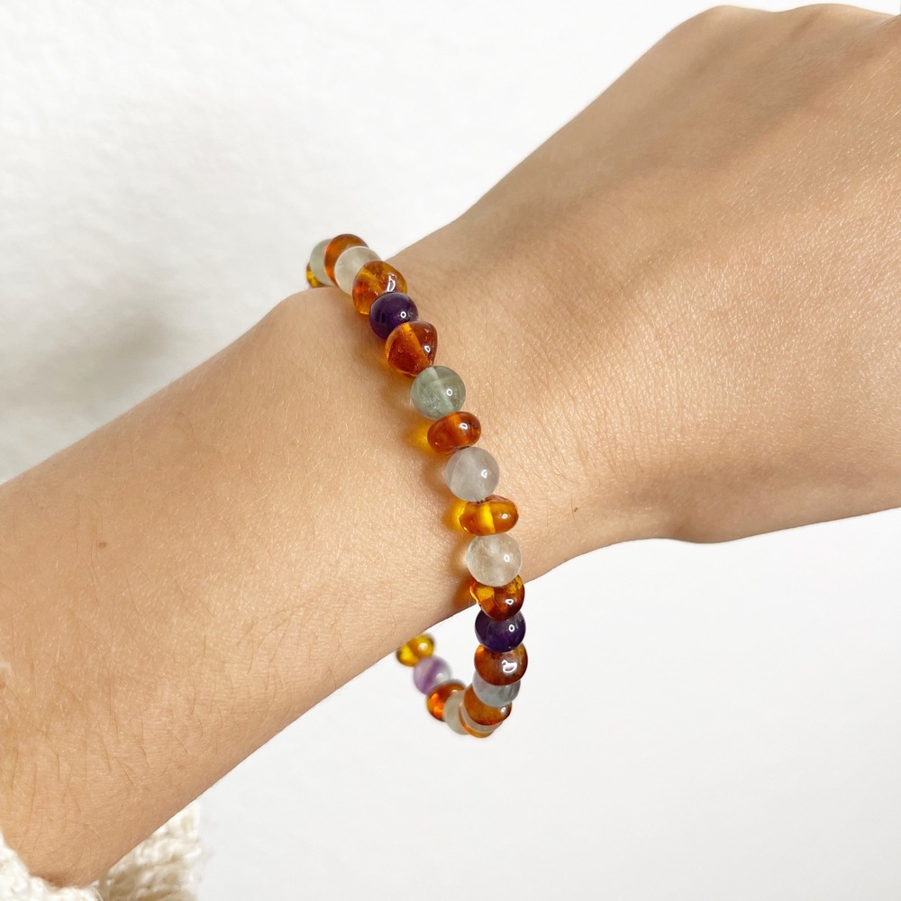 Baltic Essentials Beaded Stretch Bracelet Amber Amethyst Fluorite Boho Jewelry
